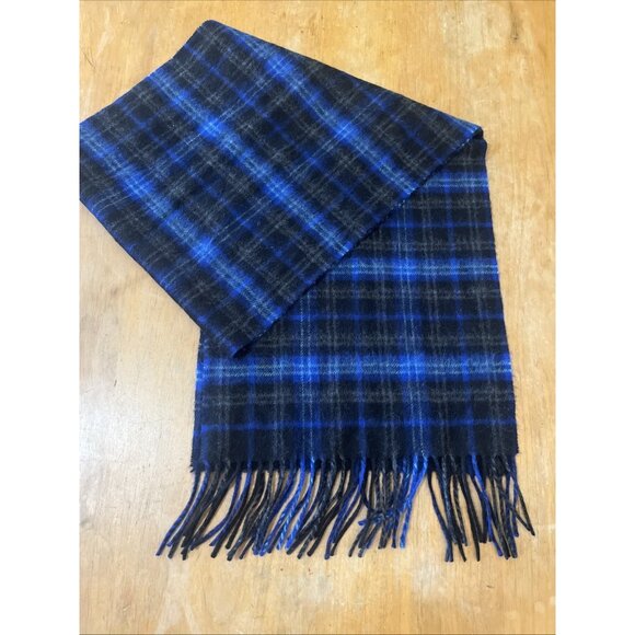Amicale 100% Wool Scarf Vibrant Blue Black Plaid Fringe Classic Rectangle 64x12” - Picture 1 of 4